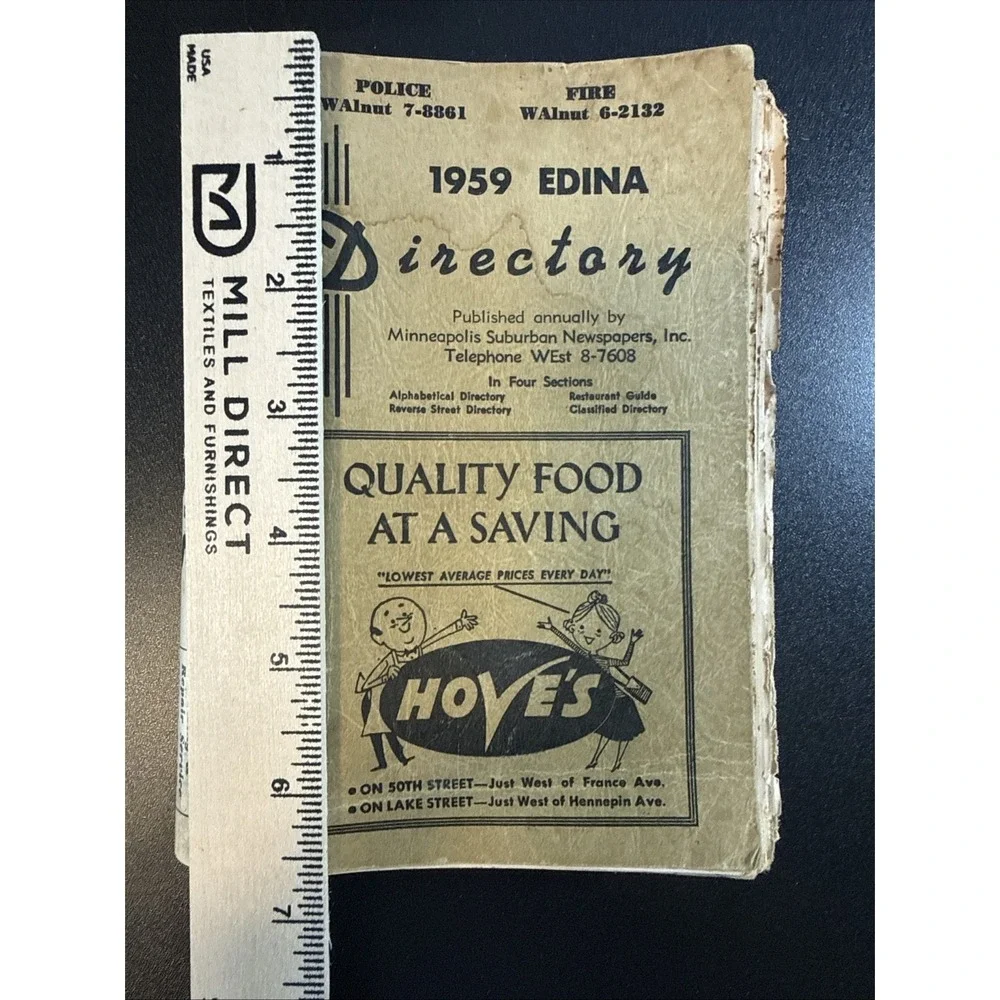 Vintage 1959 Edina Minnesota Directory/Telephone Book W/ Yellow Pages.